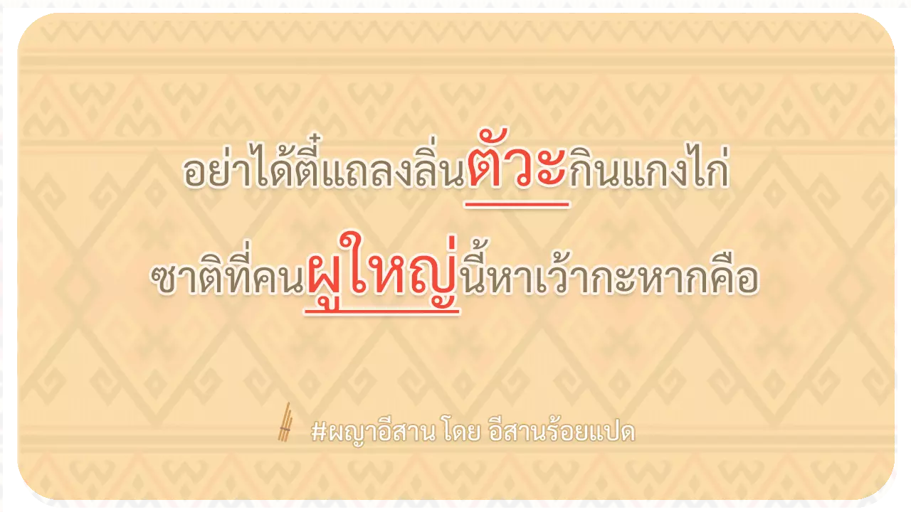 ผญา-อย่าได้ตี๋แถลงลิ่นตัวะกินแกงไก่