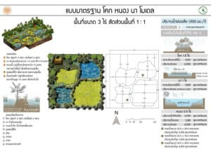 แบบมาตรฐาน โคก หนอง นา โมเดล พื้นที่ขนาด 3 ไร่ สัดส่วนพื้นที่ 1:1